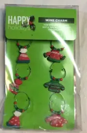 Glassware Stem Tags Ring Charms Markers Set 6, 3 Stocking Caps 3 Sweaters Charms