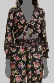 $350 Alice + Olivia Women's Black Floral Smocked Front Tie Blouse Top Size XS