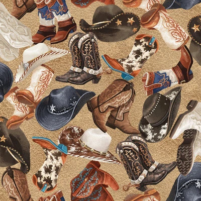 Round Up 59-7901 Hats & Boots. Oasis Fabrics. 100% Cotton Fabric by the Half