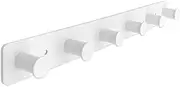 AJLTPA Coat Rack Wall Mounted, White Coat Hooks Adhesive & Screw in, Stainless Steel Door Hooks for Hanging Hat Towels Clothes, Hook Rail with 6 Round Hangers