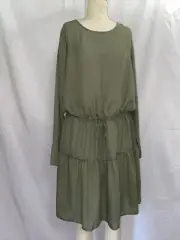 Olive Asos Long Sleeve Dress 12 Chiffon Drop Waist Drawstring Waist Tiered Knee