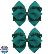 4in Glitter Dark Green Hair Bow Clips,Sparkly Sequin Ribbon Cheer Barrettes A