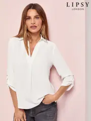 Lipsy White Petite V-Neck 3/4 Sleeve Collared Blouse (AP4579) | $74