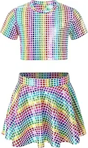 [Jhaoyu] Kids Girls Metallic Shirts with Skirt Jazz Short Sleeve Sparkly T-Shirt Modern Dance Hip Hop Performance Costume