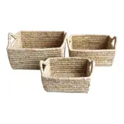 3pc Maine & Crawford Elli Seagrass/Date Leaf Rectangle Basket w/ Handle Set NTRL