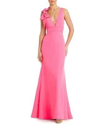 Mac Duggal Candy Pink Bow Shoulder V-Neck Gown Size 16 $298