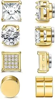 [Kakonia] 4 Pairs Stainless Steel Magnetic Stud Earrings for Men Women Gold CZ Non-Piercing Clip On Stud Earrings Set 6-8MM