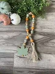 Handmade Wood Bead Garland with Tassel & Leaf Orange, Brown & Green Fall
