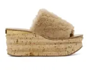 $890 Chloe Camille Shearling Fur Platform Slide Sandals Pink Sand Cork 40.5 NIB