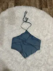 Y2K Denim Patchwork Halter Top Fairy Boho Cottage Core Whimsy Size M NWT