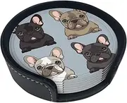 Drink Coasters Set of 6 Cup Mat French Bulldog Print Leather Coasters with Holder for Glass Coffee Cup Mug