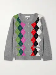 [GANNI] GANNI - Logo-embroidered Argyle Merino Wool And Cashmere-blend Cardigan - Gray - small small Gray