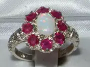 Solid 18k White Gold Natural Opal & Ruby Womens Cluster Ring - Sizes 4 to 12