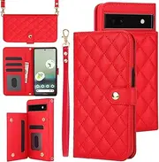 SsHhUu Crossbody Wallet Case for Google Pixel 6A,with Wrist Strap Shockproof PU Leather RFID Blocking Card Holder Double Magnetic Clasp Flip Kickstand Cover for Women Men,Red
