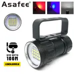 、ASAFEE 20000LM強力超亮潛水手電筒XHP90LED探照燈攝像燈XM-L2 LED水下100M防水燈白红紫光