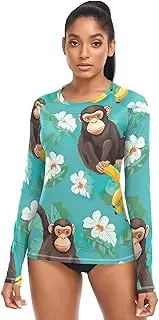 [RPLIFE] Funny Monkey Bananas Turquoise Women's Long Sleeve SPF Shirts Women's Surf Shirt Breathable UV Shirt Women, Funny Monkey Bananas Turquoise, L