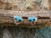 Heart Stud Multi Color Gemstone Opal Southwestern Sterling Silver Earrings AH66
