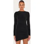 Black Double Layer Slinky Ruched Long Sleeve Mini Dress, Black