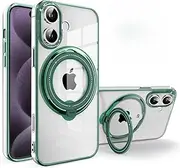 Jarttarn Clear Case for iPhone 16 (2024),Ultra-Thin Phone Case with LD Electroplated Adjustable Stand,Compatible with Car Mount & Wireless Charging,Anti-Fall Protective Back Cover (Green)