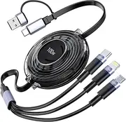3-in-1 Retractable Multi Charging Cable, 100W Fast Charging USB-C/A to Lightning/USB-C/Micro USB for iPhone 16, 15, 14 Pro Max, Samsung Galaxy, Kindle, Travel Charger for Multiple Devices (Black)