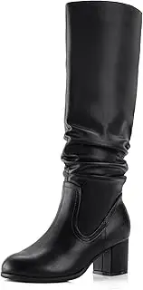 [Shoe'N Tale] Women's Knee High Boots Chunky Heel Pointed Toe Suede Slouch Winter Shoes with Side Zipper