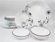 ❤️ 16-pc Corelle INKED POPPY DINNERWARE SET Plates Bowls BLACK FLORAL on WHITE