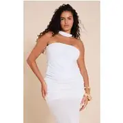 Plus White Scarf Neck Bandeau Double Layer Jersey Top, White