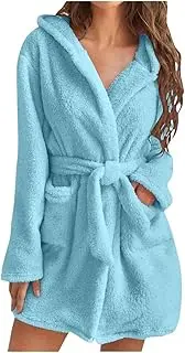 [UTOQIA] Pajama Robe Womens Plush Robes Fuzzy Fleece Robe Mid Length Plush Bathrobe Hooded Soft Warm Lounge Bathrobe