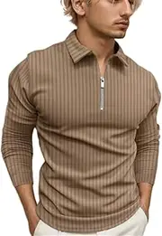 [Kasjuante] Mens Stretch Ribbed Zip Shirt Long Sleeve Casual Slim Fit Quarter Zip Polo Shirts