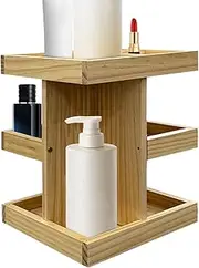 Rotating Cosmetic Organizer, Adjustable Makeup Carousel, Wooden Multifunctional Storage, Space Saving Removable Design for Counter Top and Bathroom Use, Wood