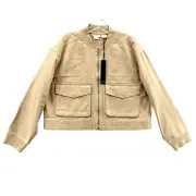 Nicole Miller Cargo Jacket Women Medium Tan Crop Coat Chore Coastal Boho Utility