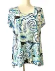 New Direction Plus 1X blue/green/white polyester/rayon short sleeve knit top.