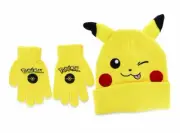 Pokemon Pikachu Ears Beanie Gloves Kids Set Yellow Child Youth Winter Hat
