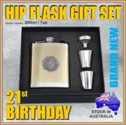 21st Birthday GOLD HIP FLASK STAINLESS STEEL + FUNNEL + 2 SHOT GLASSES GIFT SET