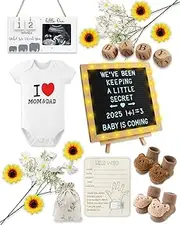 24 PCS Pregnancy Announcement Set, Pregnancy Reveal Ideas, Felt Letter Board, Baby Bodysuit, Thick & Thin Socks, Photo Frame, Wood Blocks, Wooden Sign, Baby Announcement Gift Sets for Coming Soon Baby
