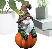 Fall Garden Gnome,5.9 Inches Resin Garden Gnomes Sitting A Pumpkin - Tiny Dwarf Statue Fall Figurine for Home Halloween Thanksgiving Decorations