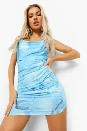 NWT Boohoo Slinky Cowl Neck Marble Tie Dye Mini Dress Turquoise Blue Size 4
