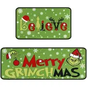 Merry Grinchmas Kitchen Rugs and Mats Set of 2,Christmas Grinch Kitchen Decoration,Non Slip Absorbent Kitchen Mat Waterproof Runner Rug 17x 48 Inches