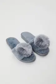 Blue Plush Pom Pom Detail Mule Slippers - Size L, Women's Shoes