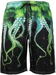 [HEYUAN] Mens Swim Trunks, Board Shorts, Summer Surfing Pants, Octopus Shark Fish Printed, Drawstring with Pockets