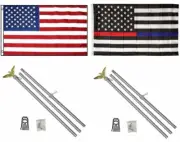 3x5 USA American & USA Thin Red Blue Line Flag & 2 Aluminum Pole Kit Sets 3'x5'