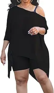 [LovelyWholesale] Womens Plus Size Two Piece Sets Trendy Outfits with One Shoulder Top Skinny Shorts Tracksuit Sets