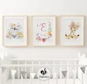 Baby Nursery Wall Art Prints Australian animals Koala, Kangaroo, custom 3 set