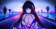 Anime frontal view girls dark hair blue eyes cleavage Playmat Gaming Mat Desk