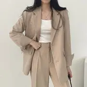 Plain Oversize Blazer / High-Waist Plain Straight-Cut Dress Pants Blazer - Khaki - M