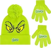 [Concept One] Dr. Seuss The Grinch Beanie Hat and Gloves Set, Boys Cuffed Knit Winter Cap with Pom and Matching Mittens, Green, One Size, Green, Medium