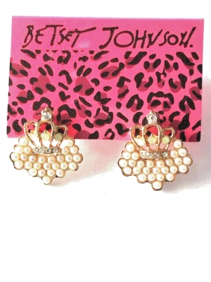 Betsey Johnson Gold Tone Crown W/ Faux Pearl & Crystal Stud Earrings