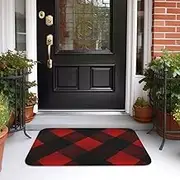 Front Door Mat Indoor Outdoor Welcome Mat Non Slip Floor Mat Plaid Red and Black Doormat for Entryway Rug Inside Outside Entry, Porch, Bathroom Rug Carpet 16" x 24" Mat