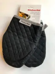 New KitchenAid Set of 2 Mini Oven Mitts Potholders Thick Cotton Silicone - Black