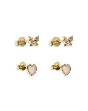 Argento Vivo Mother of Pearl Heart and Cubic Zirconia Butterfly Stud 18K Gold Plated Sterling Silver Earring Set